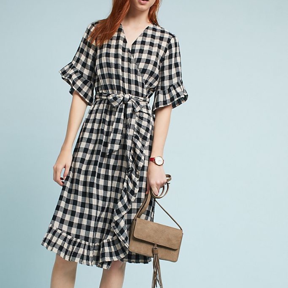 Anthropologie Gingham Flutter Wrap Dress
